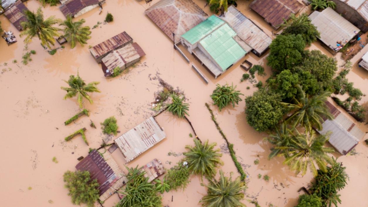 Aerial view overhead flooded houses after a cyclone and rain in Mozambique.